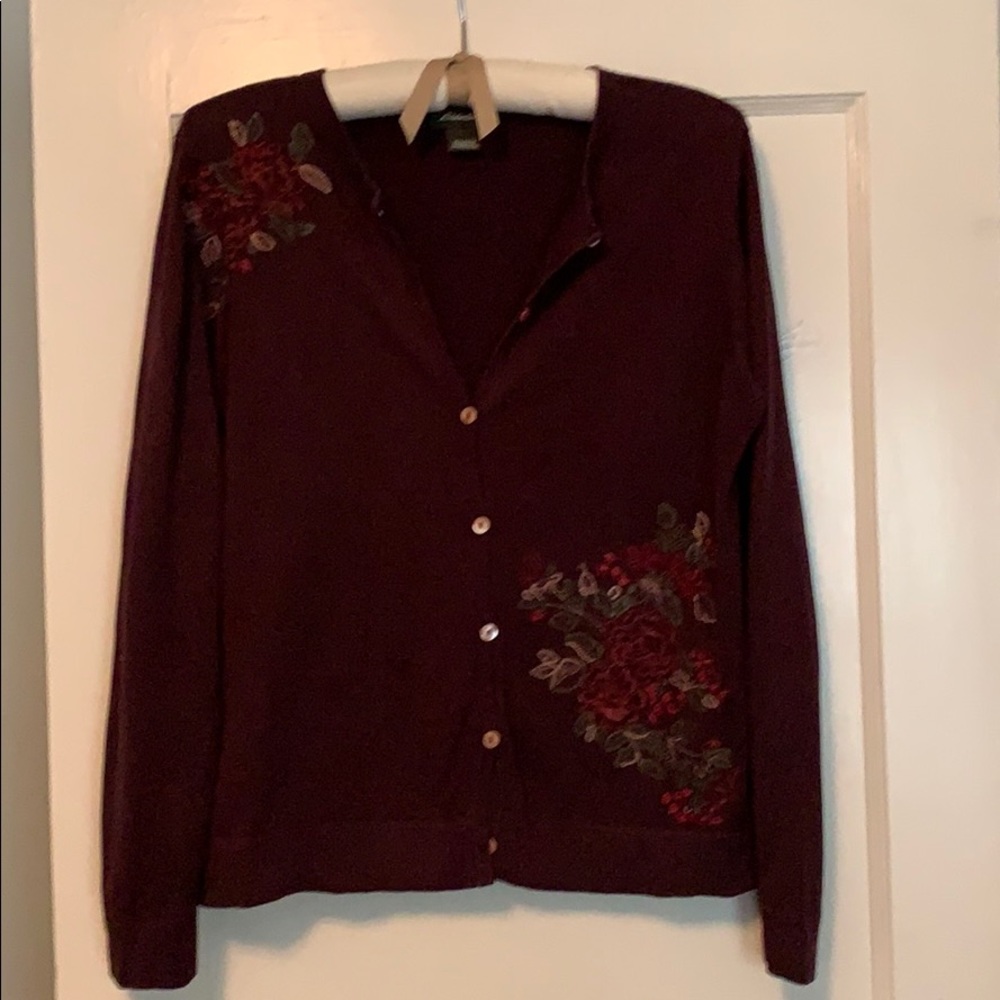 Eddie Bauer -Burgundy cardigan with embroidery